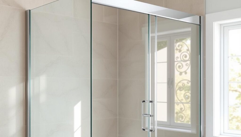 A modern, sleek shower enclosure made of tempered glass panels with a minimalist chrome frame. The enclosure is set against a tiled bathroom wall, with natural light streaming in from a nearby window, casting a warm glow. The glass panels are seamlessly fitted together, creating a clean, unobstructed view of the bathing area. The enclosure features a sliding or hinged door, allowing for easy access and a spacious entry. The overall design is sophisticated, highlighting the quality craftsmanship and attention to detail that is characteristic of high-end shower enclosures.