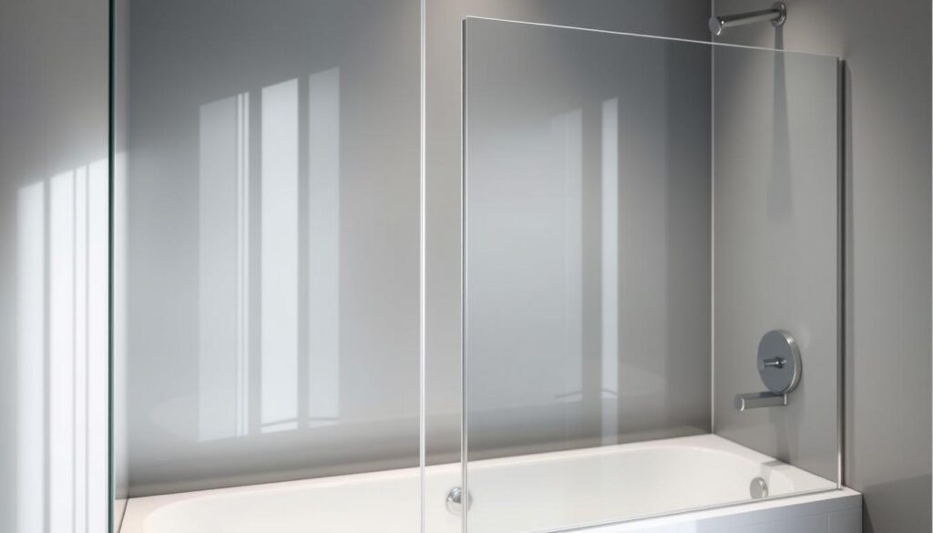 A modern, sleek shower enclosure with a frameless glass duschwand (shower wall) panels. The duschwand is seamlessly integrated into the bathtub, creating a clean, minimalist look. Soft, diffused lighting illuminates the scene, highlighting the translucent glass and giving it a serene, spa-like ambiance. The duschwand is adjustable, allowing for customizable sizing to fit the user's specific bathroom layout. The high-quality glass panels have a subtle sheen, reflecting the light and creating depth. The overall composition emphasizes the duschwand's versatility, functionality, and ability to transform a standard bathtub into a luxurious, modern shower experience.