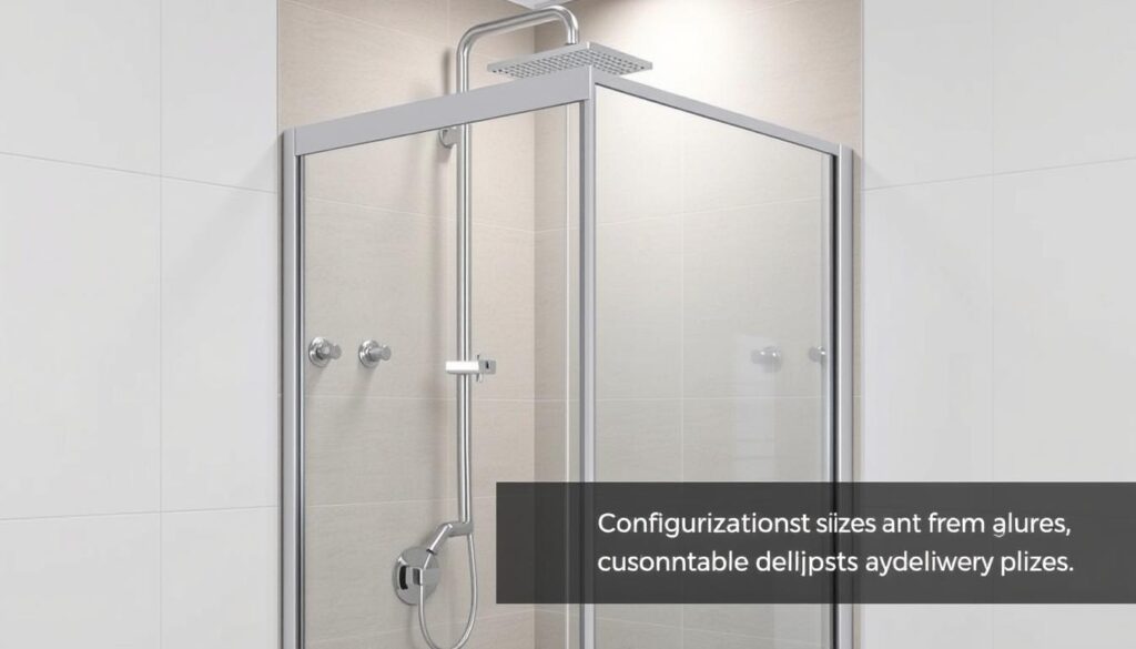 A modern, sleek walk-in shower enclosure with a frameless glass panel, set against a tiled bathroom backdrop. The shower features minimalist chrome fixtures, with a rainfall showerhead mounted overhead. Soft, diffused lighting illuminates the space, creating a spa-like ambiance. The scene showcases the configuration options and customizable sizes available, highlighting the delivery timeline as a key consideration for the consumer. The overall impression is one of sophisticated, high-quality design that seamlessly integrates into the bathroom environment.