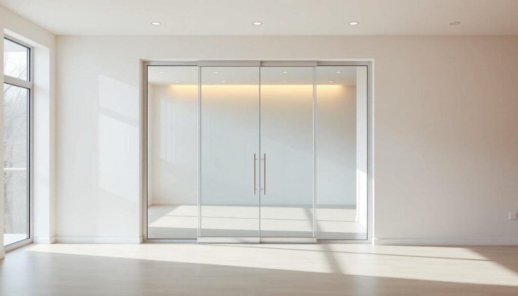 A modern, sleek white sliding glass door set in a minimalist, contemporary room with clean lines and neutral tones. The glass is frameless, reflecting the natural light pouring in from large windows, creating a bright, airy atmosphere. The door's smooth, effortless movement is emphasized by a subtle track system, blending seamlessly into the architectural design. Warm, diffused lighting from discreet fixtures accentuates the door's crystalline transparency, making it the elegant focal point of the space. The surrounding walls are painted in a soft, muted palette, allowing the gleaming glass to take center stage as a stunning, functional centerpiece.
