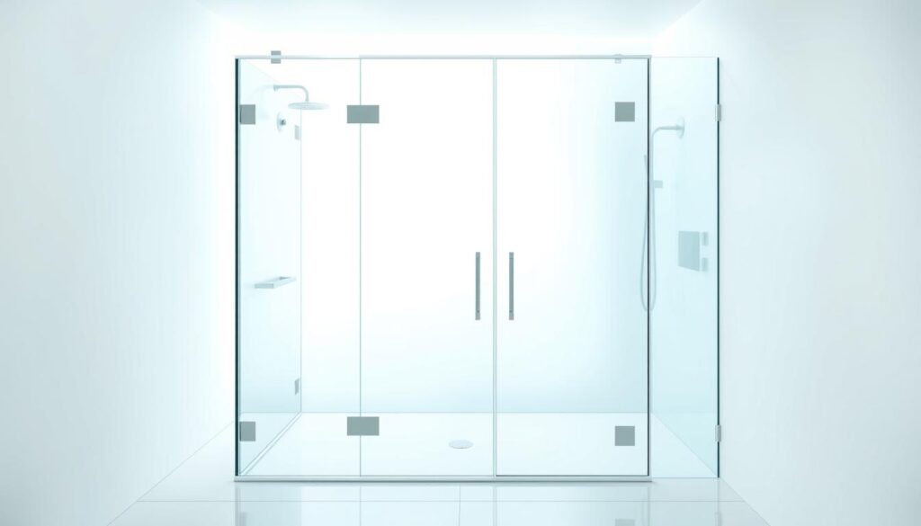 A modern, spacious glass shower enclosure set against a clean, minimalist backdrop. The frameless glass panels reflect the bright, natural lighting, creating a sense of openness and airiness. The sleek, chrome fixtures and fittings add a touch of sophistication, while the smooth, uninterrupted glass surfaces convey a sense of luxury and refinement. The overall scene evokes a high-end, spa-like atmosphere, inviting the viewer to imagine the relaxing, rejuvenating experience of using this custom-designed glass shower.