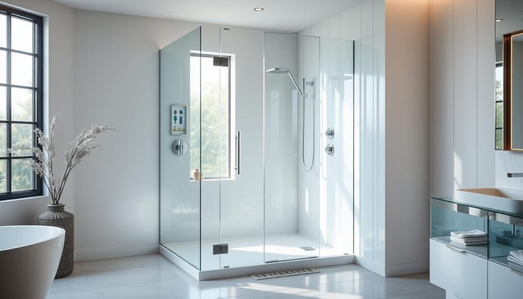 A modern, well-appointed freestanding glass shower enclosure stands in a bright, airy bathroom. The transparent glass panels are seamlessly integrated, allowing natural light to flood the space. The shower features a sleek, minimalist design with high-quality fixtures and fittings, reflecting a harmonious blend of form and function. The overall aesthetic is one of sophisticated simplicity, perfectly suited for a luxurious, spa-like bathroom environment. Subtle lighting casts a warm glow, enhancing the premium materials and attention to detail. The scene conveys a sense of tranquility and relaxation, inviting the viewer to envision the experience of using this high-end, custom-tailored shower solution.
