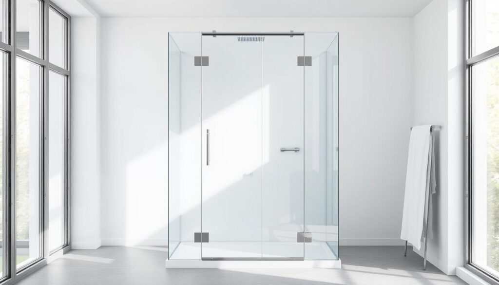 A modern, well-designed duschkabine (shower enclosure) standing in a bright, minimalist bathroom. The frameless glass panels reflect the clean, contemporary aesthetic, creating a seamless, open feel. Subtle chrome accents on the hardware complement the sleek, architectural lines. Diffused natural light streams in through large windows, illuminating the high-quality, water-resistant materials. The enclosure is positioned to allow for an effortless, walk-in entry, emphasizing the spaciousness and functionality of the design. Carefully considered angles and perspectives showcase the thoughtful engineering behind this bespoke, customizable shower solution.