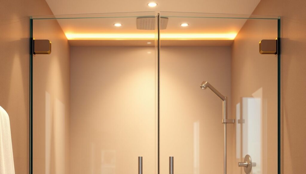 A modern, well-designed glass shower enclosure stands as the focal point of a luxurious bathroom. Sleek, frameless panels of tempered glass reflect the warm, ambient lighting, creating a serene and spa-like atmosphere. Smooth, seamless hinges and handles offer effortless functionality, while subtle metallic accents provide a touch of sophistication. The transparent, open design allows natural light to flood the space, enhancing the sense of spaciousness. Perfectly angled to optimize the flow of water, the shower enclosure blends form and function, epitomizing the innovative, high-quality craftsmanship that defines the best in contemporary bathroom design.