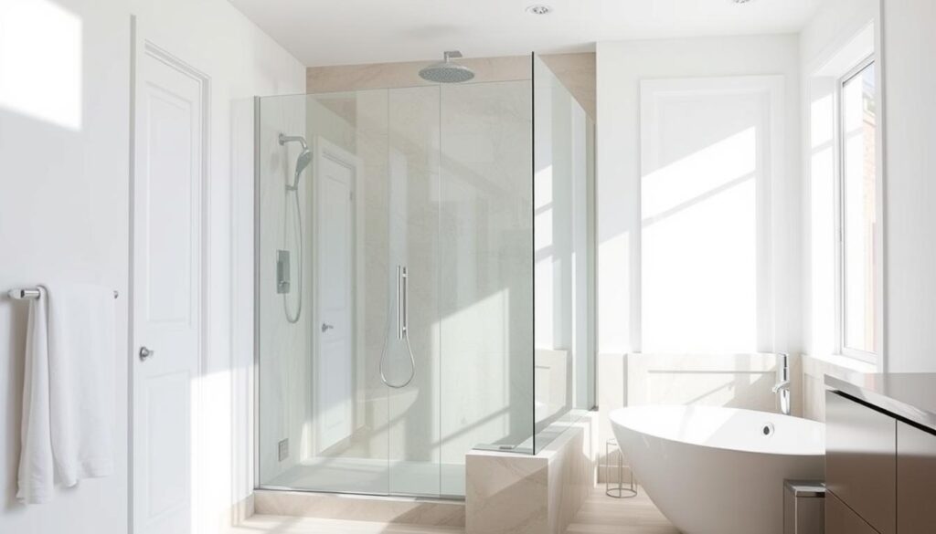 A modern, well-lit bathroom interior with a custom glass shower enclosure installed alongside a bathtub. The shower enclosure features clean, minimalist lines and a sleek frameless design, blending seamlessly with the bathroom's elegant, contemporary aesthetic. The enclosure is made of high-quality, crystal-clear glass panels that allow ample natural light to flood the space, creating a bright, airy ambiance. The installation is precise, with the glass panels securely mounted to the walls and floor, ensuring a sturdy, leak-proof setup. The overall scene conveys a sense of effortless sophistication and thoughtful, functional design.
