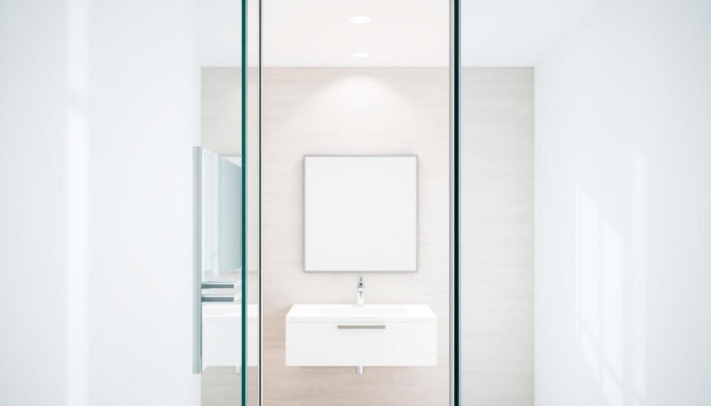 A modern, well-lit bathroom interior with a sleek, frameless glass shower door in the foreground. The door's smooth surface reflects the light, creating a sense of depth and clarity. In the middle ground, a clean, minimalist vanity with a modern faucet and mirror takes center stage. The background features a tiled wall in a neutral, calming color palette, complementing the overall sophisticated aesthetic. The entire scene conveys a sense of efficient, high-quality craftsmanship and professional installation, reflecting the "Lieferzeit, Service und Beratung" theme.