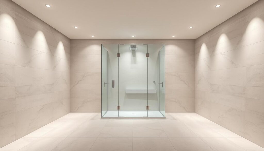 A modern, well-lit bathroom interior with a spacious, rectangular layout. The walls are covered in sleek, minimalist tiles in a neutral palette, creating a clean and sophisticated atmosphere. The focal point is a large, frameless glass shower enclosure that seamlessly blends into the overall design, maximizing the sense of openness and flow. Recessed lighting illuminates the space, casting a soft, even glow that highlights the seamless integration of the various design elements. The room exudes a calming, spa-like ambiance, with ample room for movement and functionality.