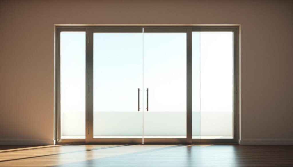 A modern, well-lit glass door with a sleek, minimalist design, allowing for abundant natural light to flow into the room. The glass panels appear seamless, with a subtle, reflective sheen that enhances the sense of transparency and openness. The door frame is made of high-quality, brushed metal, creating a harmonious balance between the glass and the frame. The lighting in the room is soft and diffused, creating a warm, inviting atmosphere that accentuates the glass door's ability to blur the boundaries between indoor and outdoor spaces. The overall composition conveys a sense of spaciousness, elegance, and a harmonious integration of form and function.
