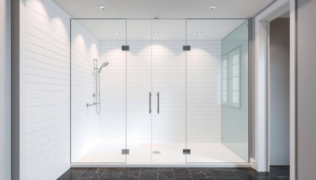 A modern, well-lit glass shower enclosure in a spacious bathroom. The frameless glass panels create a sleek, minimalist look, seamlessly blending with the white tile walls and dark stone floor. Soft, diffused lighting from overhead fixtures illuminates the space, highlighting the transparency and reflective nature of the glass. The shower area is generously sized, with a rainfall showerhead and built-in shelving for toiletries. A sense of openness and airiness pervades the scene, making the bathroom feel luxurious and spa-like.