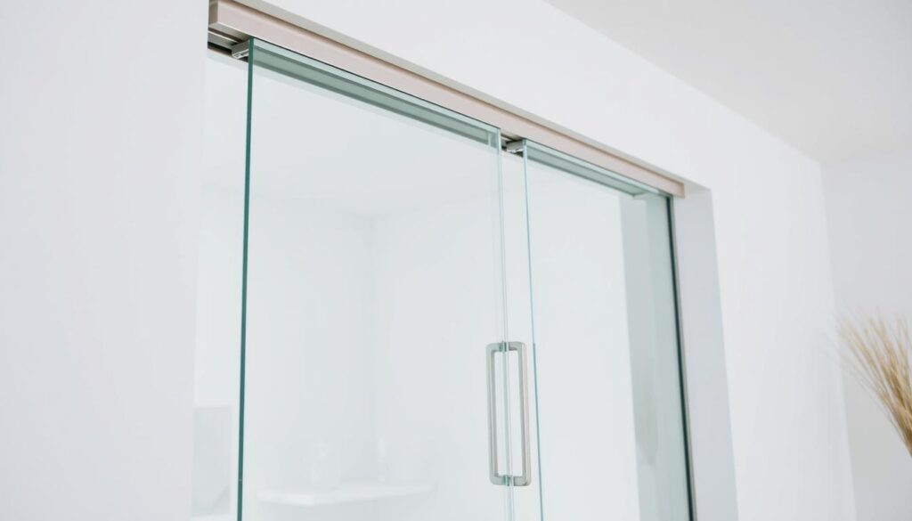A modern, well-lit glass sliding door set showcased in a sleek, minimalist interior. The frameless glass panels glide effortlessly on a high-quality track system, filling the space with natural light. A subtle, brushed metal handle provides a clean, contemporary accent. The installation process is meticulously detailed, with precision-engineered components and clear, step-by-step instructions. The overall scene conveys a sense of quality, efficiency, and a seamless integration into the home environment.