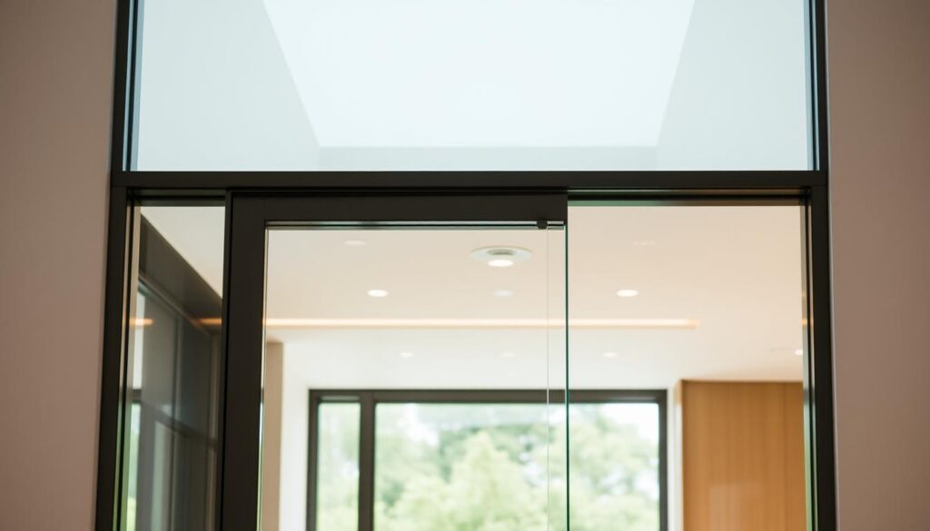 A modern, well-lit interior scene showcasing a high-quality glass door. The door is made of sturdy, tempered safety glass that reflects the surrounding light and environment. The glass has a clean, seamless appearance with no visible seams or imperfections. The door frame is sleek and minimalist, allowing the glass to be the focal point. The lighting is soft and diffused, creating a warm, inviting atmosphere. The scene conveys a sense of security, durability, and attention to detail, perfectly suited for a high-end residential or commercial setting.