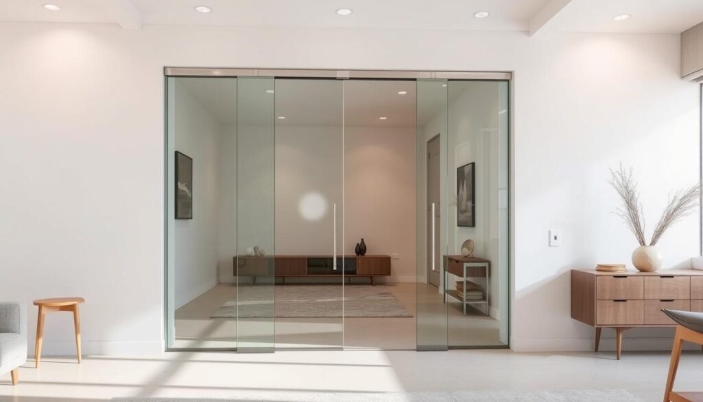A modern, well-lit interior space showcasing a stunning glass pendulum door. The door is made of high-quality, transparent glass panels that effortlessly pivot open and closed, allowing seamless flow between rooms. The minimalist design features sleek, metal hardware that blends harmoniously with the glass. Soft, diffused lighting from overhead fixtures gently illuminates the scene, highlighting the door's elegant simplicity and highlighting its practical functionality. The surrounding environment is a serene, neutral-toned living or office space, with clean lines and natural accents that complement the door's contemporary aesthetic. An ideal solution for creating open, airy, and visually striking transitions between different areas of the home or workplace.