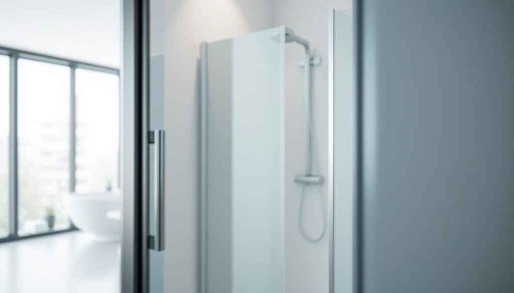 A modern, well-lit interior with a partially open glass shower enclosure. In the foreground, the focus is on the shower door's height and the clearance space between the door and the floor, showcasing the adjustable nature of the installation. The middle ground features the shower cabin itself, a sleek 90x90 cm design with a pivot door and a side panel, all in a clean, minimalist style. The background subtly frames the scene, hinting at the larger bathroom space without distracting from the main subject. The overall mood is one of streamlined functionality and attention to detail, reflecting the technical aspects highlighted in the section title.