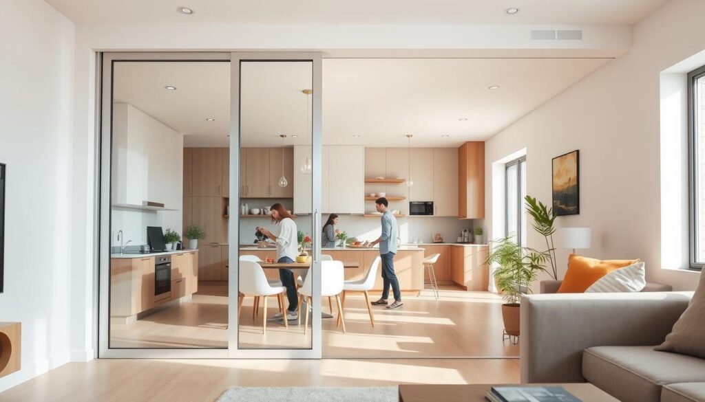 A modern, well-lit interior with a sliding glass door installed in the foreground, allowing a seamless transition between the living room and an adjacent space, perhaps a kitchen or dining area. The glass door features a minimal, sleek frame, allowing maximum visibility and light transmission. In the middle ground, people are engaged in various everyday activities, such as cooking, conversing, or working, showcasing the practical application of the glass door in various residential and commercial settings. The background depicts a harmonious blend of neutral-toned furnishings and decor, emphasizing the versatility and aesthetic appeal of the glass door solution. Soft, diffused lighting creates a warm, inviting atmosphere, while the overall composition highlights the integration of the glass door into the natural flow of the space.