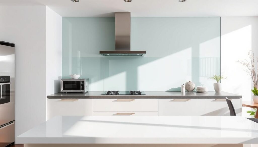 A modern, well-lit kitchen interior with a large, seamless glass backsplash taking center stage. The glass panel reflects the room's natural light, creating a bright, airy ambiance. The backsplash has a clean, minimalist design, with a slight tint or subtle pattern to add visual interest. The kitchen appliances, cabinetry, and other decor elements are arranged harmoniously, complementing the glass feature. The scene conveys a sense of sleek, contemporary style, highlighting the customizable nature of the glass backsplash as the focal point.
