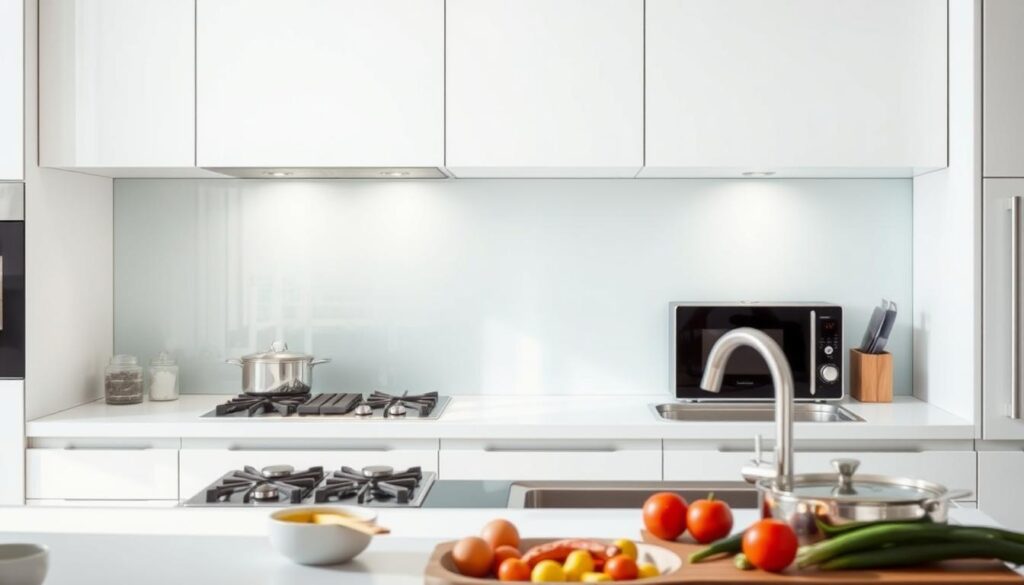 A modern, well-lit kitchen with a sleek glass splash guard installed above the stove and sink. The splash guard features a seamless, high-quality design that elegantly blends into the kitchen's minimalist aesthetic. The glass surface reflects the soft, even lighting, creating a sense of depth and luminosity. In the foreground, various cooking utensils and ingredients are neatly arranged, while the background showcases the clean, uncluttered lines of the kitchen cabinetry and countertops. The scene conveys a sense of functionality, cleanliness, and refined, contemporary style.