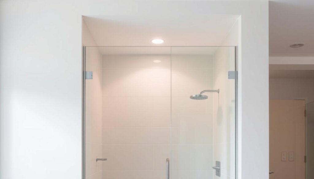A modern, well-lit niche shower enclosure made of sleek, frameless glass panels. The shower is situated in a bright, spacious bathroom with clean, minimalist decor. The glass panels seamlessly integrate into the surrounding tiles, creating a visually cohesive and high-end appearance. Overhead, a subtle recessed lighting fixture casts a warm, even glow across the scene. The niche shower is positioned at an angle, offering a spacious, walk-in entry. The glass panels have a subtle, semi-transparent quality, allowing glimpses of the bathroom beyond. The overall impression is one of sophisticated, contemporary design that blends function and aesthetics.