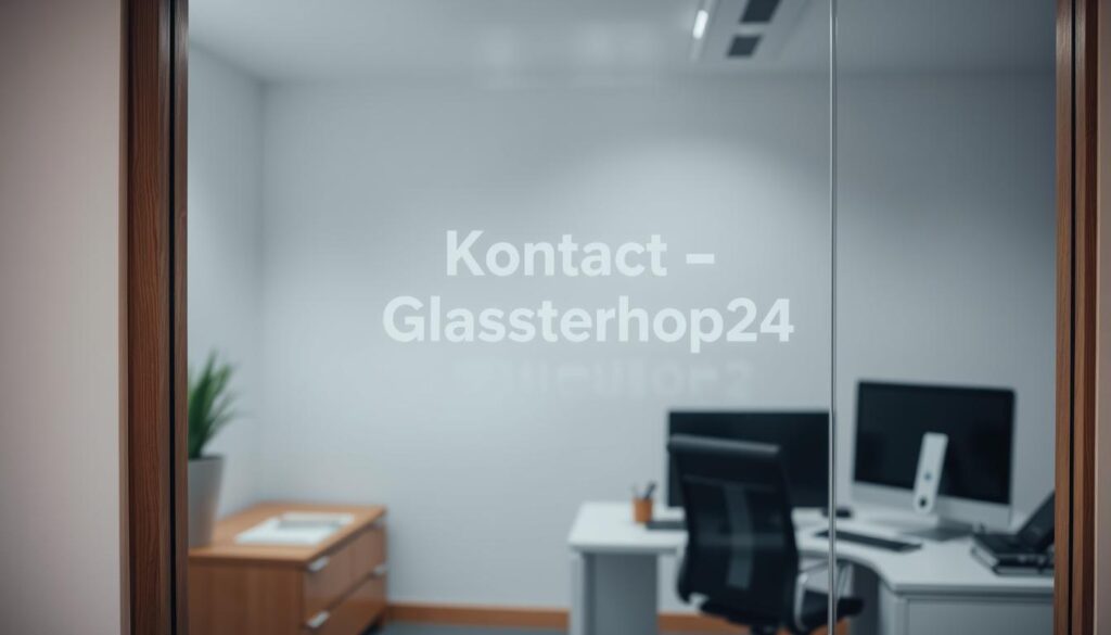 A modern, well-lit office interior with a prominent glass door featuring the text "Kontakt Glastuerhop24" etched into the glass. The door is set in a sleek, minimalist wooden frame, creating a clean, professional aesthetic. The lighting is soft and diffused, highlighting the glass and creating a welcoming atmosphere. In the background, a neatly organized desk with a computer and other office supplies is visible, suggesting a productive and efficient work environment. The overall composition conveys a sense of approachability and accessibility, inviting the viewer to engage with the company's services.