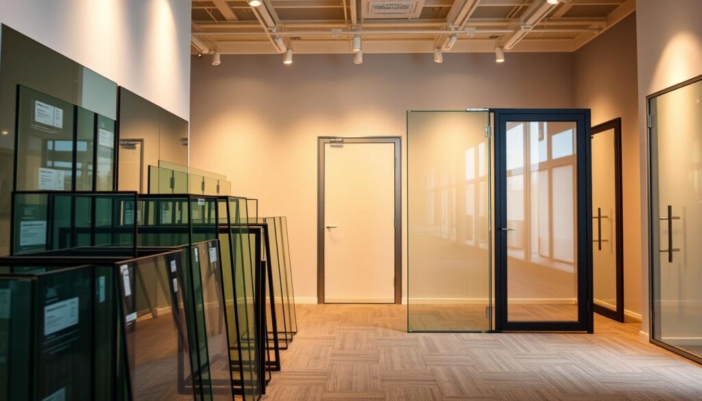 A modern, well-lit showroom displaying an array of premium glass doors with sleek metal frames. The foreground features a selection of tempered glass panels in various sizes and finishes, seamlessly integrated into sturdy, minimalist-style door frames. The middle ground showcases a range of complete glass door assemblies, highlighting the high-quality hardware and precision craftsmanship. In the background, a clean, neutral-toned backdrop accentuates the elegant, understated aesthetic of the glass doors, conveying a sense of sophistication and attention to detail. The lighting is warm and diffused, creating a welcoming atmosphere that invites the viewer to explore the versatile, customizable solutions for their living or commercial spaces.