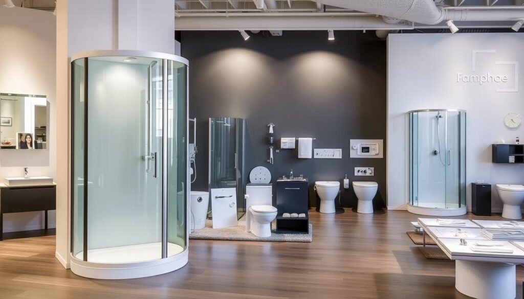 A modern, well-lit showroom interior showcasing a range of shower enclosures. In the foreground, a sleek 90x90 pivot door shower cabin with a minimalist glass panel stands prominently, highlighting its clean lines and premium materials. In the middle ground, a variety of set options are displayed, featuring coordinated fixtures, trays, and accessories, all neatly arranged to demonstrate the comprehensive product offerings. The background features a minimalist backdrop with subtle branding, allowing the products to take center stage. The overall atmosphere conveys a sense of quality, attention to detail, and a user-friendly shopping experience.