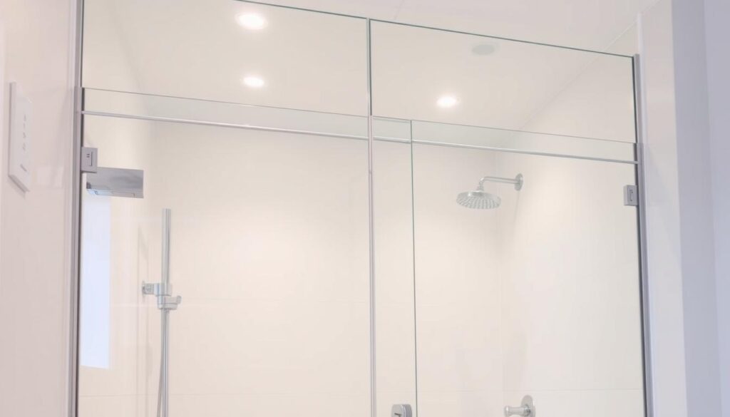 A modern, well-lit walk-in shower enclosure with a frameless glass door and sleek chrome fixtures. The shower space is spacious and inviting, with a smooth tiled floor and walls in a light, neutral color scheme. Soft, diffused lighting emanates from recessed ceiling fixtures, creating a spa-like ambiance. The glass panels are seamlessly integrated, allowing an unobstructed view of the bathroom. The overall design is minimalist and elegant, perfectly suited for a contemporary bathroom interior.