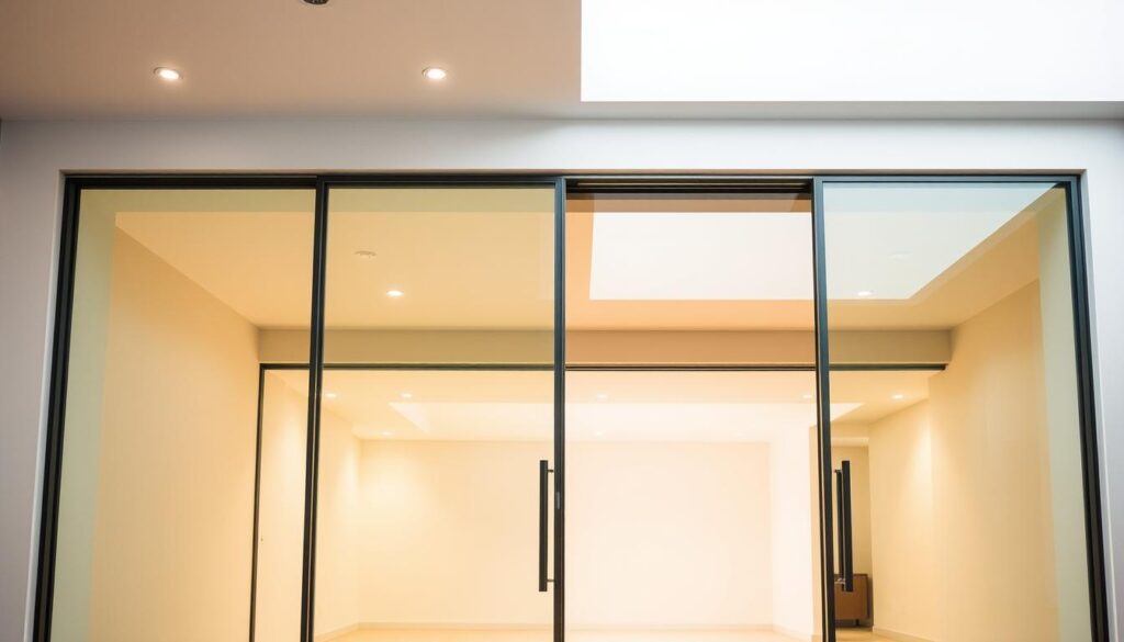 A montage of sliding glass doors installed in a modern, minimalist interior. The doors are flush against the wall, seamlessly integrated into the architecture. Warm, diffused lighting from overhead casts a soft glow, accentuating the sleek, frameless glass panels. The doors appear to effortlessly glide open, revealing a spacious, airy room beyond. The scene evokes a sense of elegant simplicity, where the glass elements create a harmonious flow between interior and exterior spaces. Precise camera angles highlight the clean lines and precision of the door installation, showcasing the craftsmanship and attention to detail.