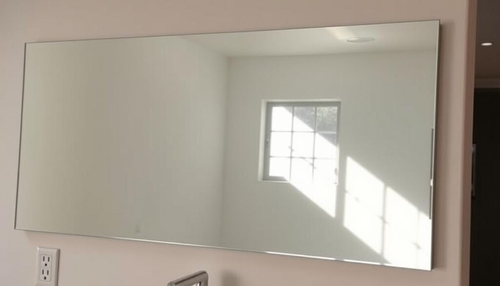 A precisely cut kitchen mirror reflecting the light from a large window, creating a bright and spacious atmosphere. The glass surface is pristine, with seamless edges and custom-fitted cutouts for electrical outlets and other fixtures. The mirror is mounted flush against the wall, creating a clean, minimalist aesthetic that complements the modern kitchen design. The lighting casts a warm, even glow, enhancing the mirror's reflective properties and making the space feel inviting and well-designed.