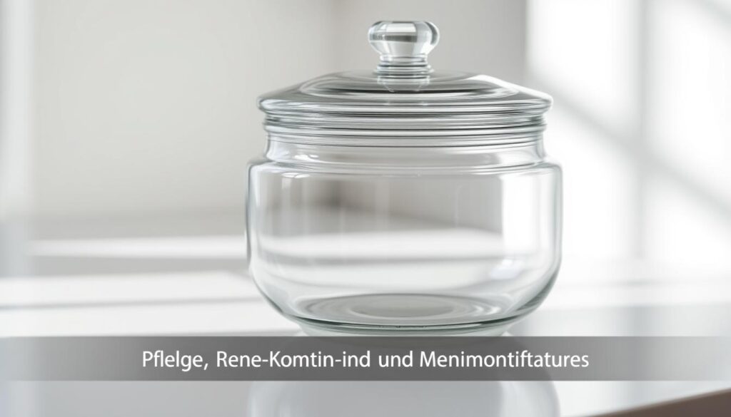 A pristine glass container with a sturdy lid, capturing the essence of care and maintenance. Placed on a clean, minimalist surface, the vessel is illuminated by soft, natural lighting, highlighting its transparent, reflective qualities. The image conveys a sense of order, cleanliness, and attention to detail, reflecting the "Pflege, Reinigung und Komfortfeatures" section of the article. The glass container's elegant design and simplicity suggest a practical yet refined approach to shower maintenance and care.