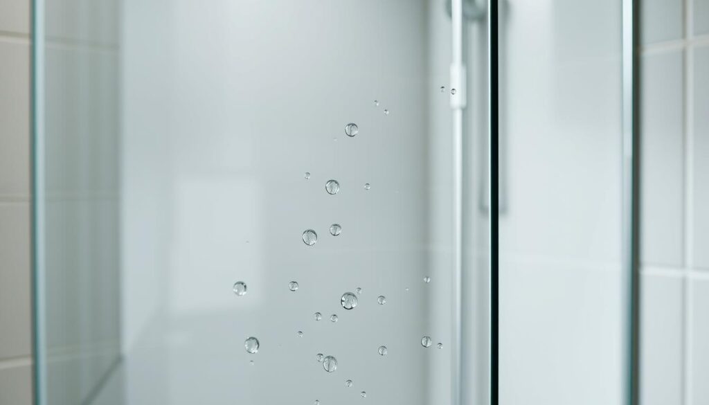 A pristine glass enclosure stands in a modern bathroom, its surface gleaming under the soft, diffused lighting. The frameless design creates an illusion of seamless elegance, with minimal grout lines for easy cleaning. Droplets of water bead gracefully on the tempered glass panels, showcasing their superior hydrophobic properties. The entire setup exudes a sense of minimalist sophistication, perfectly suited for the "Reinigung und Pflege: Weniger Fugen, mehr Hygiene" section of the article. A close-up view highlights the clarity and reflective quality of the glass, inviting the viewer to imagine the ease of maintaining this low-maintenance, high-hygiene shower solution.