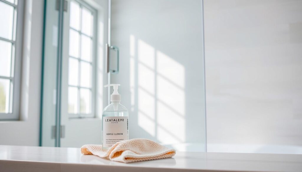 A pristine glass shower door in a bright, airy bathroom. The surface is smooth and spotless, reflecting the light from large windows. The door's frame is sleek and minimalist, complementing the modern design. In the foreground, a bottle of gentle cleaning solution and a microfiber cloth are neatly arranged, suggesting the ease of maintaining the door's pristine appearance. The background features a serene, neutral-toned tile wall, emphasizing the door's central role in the space. Soft, even lighting illuminates the scene, highlighting the clarity and luster of the glass. An atmosphere of simplicity, functionality, and durability pervades the image, embodying the qualities of a low-maintenance, high-value bathroom solution.