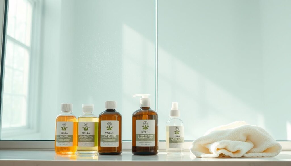 A pristine glass shower enclosure, illuminated by soft, natural lighting filtering through a frosted window. The surface is free of water spots and grime, gleaming with a spotless, streak-free shine. In the foreground, an array of delicate, plant-based cleansing products stand ready - gentle foaming washes, nourishing oils, and a microfiber cloth for a streak-free finish. The scene exudes a sense of tranquility and effortless daily care, inviting the viewer to envision a spa-like bathroom ritual. The overall composition conveys the benefits of a simple, yet effective, maintenance routine to preserve the shower's lustrous appearance.