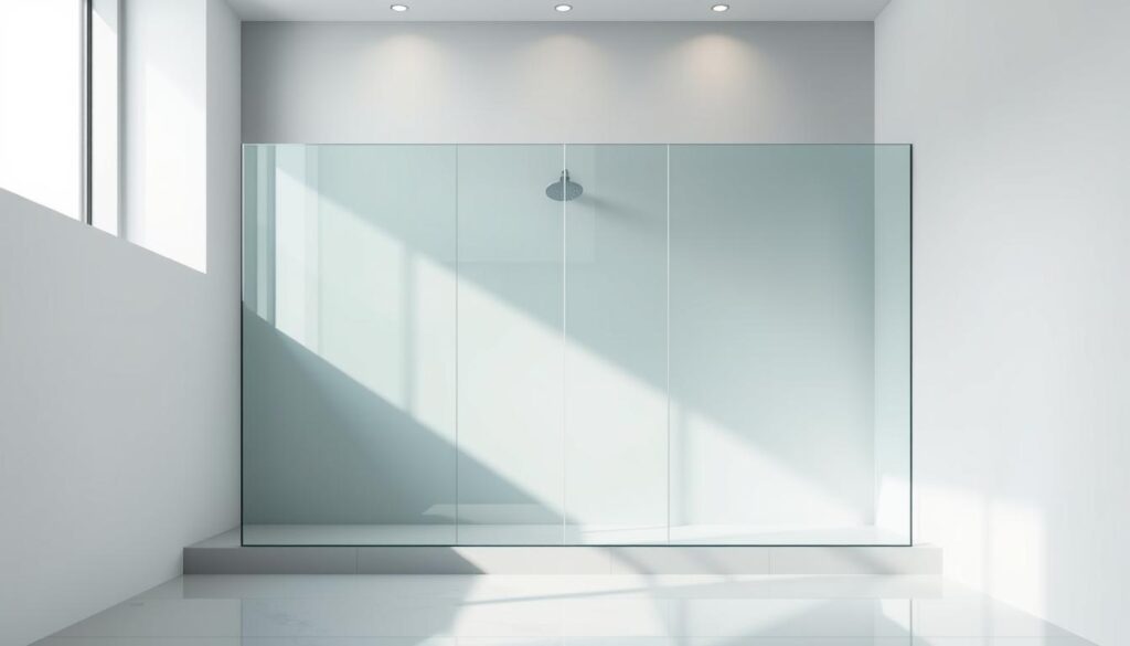 A pristine, seamless shower enclosure floats in a minimalist, well-lit bathroom setting. The futuristic, frameless glass panels reflect the crisp, clean lines of the modern space, creating an impression of effortless hygiene and low-maintenance. Soft, diffused lighting from hidden sources accentuates the smooth, unblemished surfaces, evoking a sense of tranquility and luxury. The sleek, borderless design flows uninterrupted, offering a striking visual experience that embodies the concept of "pflegeleicht fugenlos" - easy to clean and jointless. This captivating image perfectly captures the advantages of a frameless, seamless shower enclosure in an elegant, high-end bathroom environment.
