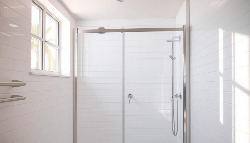 A pristine, well-lit interior of a modern bathroom, showcasing a sleek, frameless 80x80 cm shower enclosure. The glass panels are composed of high-quality, tempered safety glass with a subtle, seamless finish. Bright, natural lighting from large windows illuminates the space, casting a warm, inviting glow. The shower enclosure is positioned against a crisp, white tiled wall, creating a clean, minimalist aesthetic. The glass panels reflect the surrounding tiles, creating a sense of depth and spaciousness. The overall atmosphere is one of sophistication, functionality, and attention to detail, perfectly suited for the "Kaufberatung Technik: Material, Sicherheitsglas und Höhen für Ihre Duschkabine 80x80" section of the article.