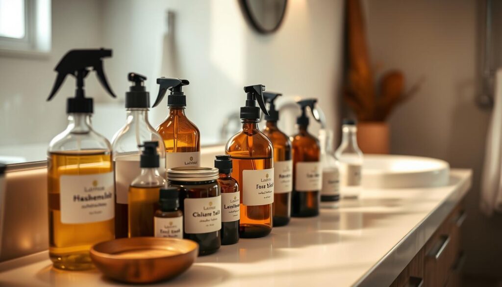 A pristine, well-organized bathroom counter, softly illuminated by warm, diffused lighting. On the counter, an array of glass bottles, jars, and spray containers filled with natural, earth-toned "hausmittel" - homemade cleaning solutions and remedies. The bottles have elegant, minimalist labels, and are arranged in a visually pleasing manner. The counter surface is clean and reflective, creating a sense of order and tranquility. In the background, a blurred, out-of-focus view of the bathroom, hinting at the larger context. The overall mood is one of simplicity, effectiveness, and a thoughtful, sustainable approach to cleaning.