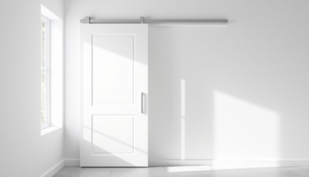 A pristine white sliding door stands tall, its sleek surface catching the soft, diffused light streaming in from a nearby window. The door glides effortlessly along its metal track, offering a seamless transition between rooms. Subtle lines and grooves accentuate the minimalist design, exuding a sense of modern elegance. The background is a neutral, muted palette, allowing the door to take center stage. Subtle shadows and highlights define the door's depth and texture, creating a sense of depth and dimensionality. The overall atmosphere is one of clean, sophisticated simplicity, perfectly suited to enhance the beauty of any interior space.