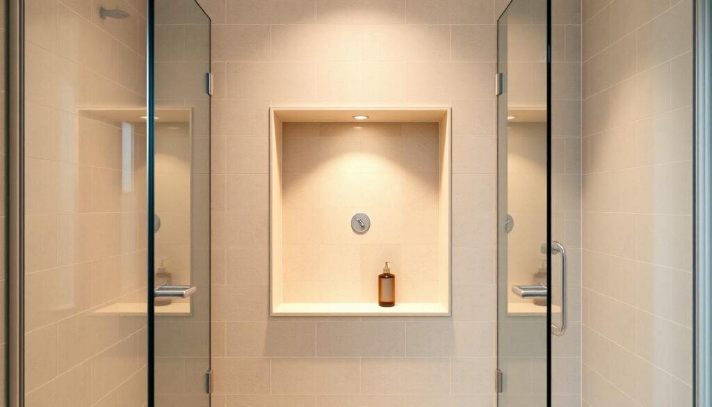 A recessed shower niche set into a tile-clad bathroom wall, the perfect space-saving solution for a compact shower enclosure. Crisp, clean lines frame the niche, with a recessed ledge providing useful storage for toiletries. Warm, diffused lighting emanates from above, casting a soft, serene glow over the scene. Sleek, frameless glass panels flank the niche, creating a seamless, minimalist aesthetic that enhances the sense of openness in the small bathroom. The overall mood is one of refined simplicity, where form and function harmonize to maximize the available space.