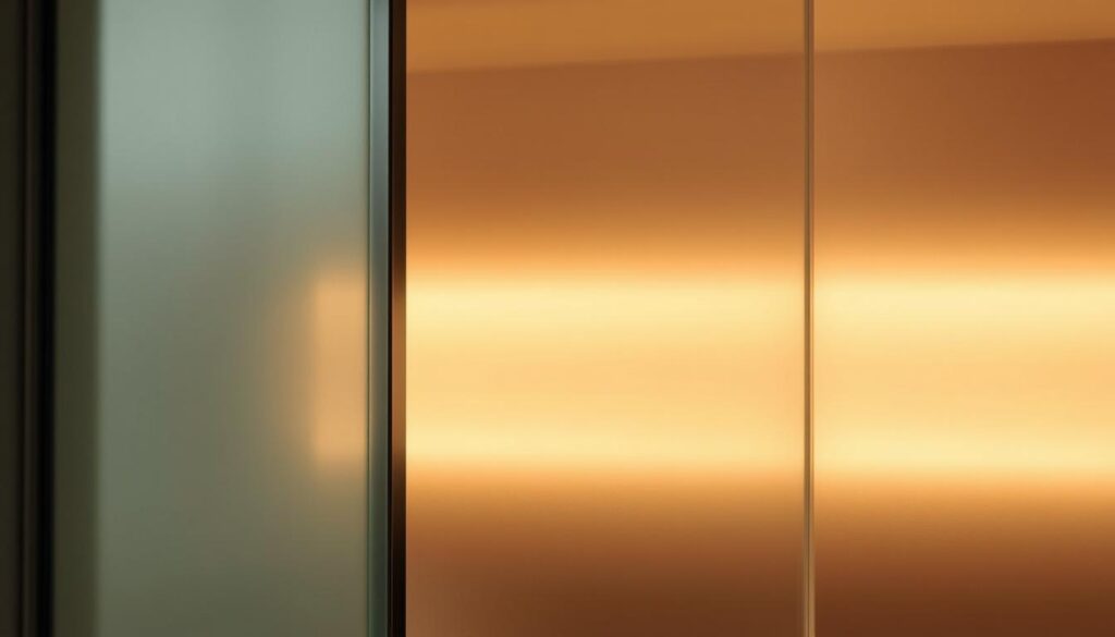 A refined, satin-finish glass sliding door, its surface gently diffusing light in a warm, muted glow. The glass panels are seamlessly integrated into a sleek, minimalist frame, creating a sense of understated elegance. The lighting, softly angled, casts subtle shadows that accentuate the material's tactile qualities, while the composition emphasizes the door's clean, uninterrupted lines. This image captures the essence of bespoke glass solutions, where form and function converge to deliver a tailored, visually captivating experience.