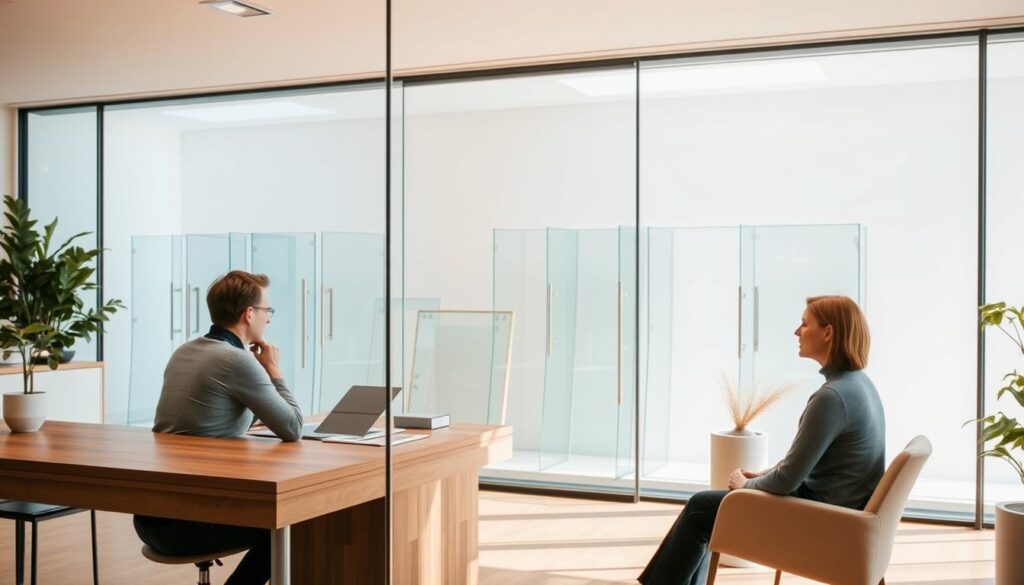 A serene office setting with a large glass wall, allowing natural light to flood the space. In the foreground, a person sits at a wooden desk, intently discussing options with a customer. The customer's expression is one of focused attention, indicating a collaborative consultation process. The middle ground features a display of various glass door styles, showcasing the range of options available. In the background, a warm, neutral-toned color palette creates a calming atmosphere, complemented by minimal, modern decor. The lighting is soft and diffused, accentuating the transparency and elegance of the glass elements. This image conveys the personalized guidance and thoughtful design choices that are central to the "Beratung & Bestellung" experience at Glastürhop24.