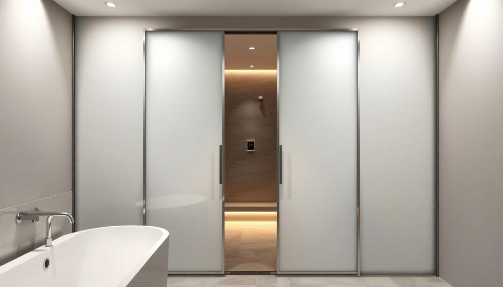 A serene, private bathroom sanctuary with a large, floor-to-ceiling milky white glass sliding door. The glass panels are elegantly frosted, diffusing warm, soft lighting from concealed sources. The door frame is sleek, minimalist steel, creating a modern, high-end aesthetic. The glass seamlessly blends with the surrounding tile, reflecting a muted, clean palette. The sliding mechanism operates smoothly, allowing effortless control over privacy. This custom-tailored solution provides a luxurious, bespoke feel, perfect for transforming the bathroom into a tranquil oasis of personal solitude.