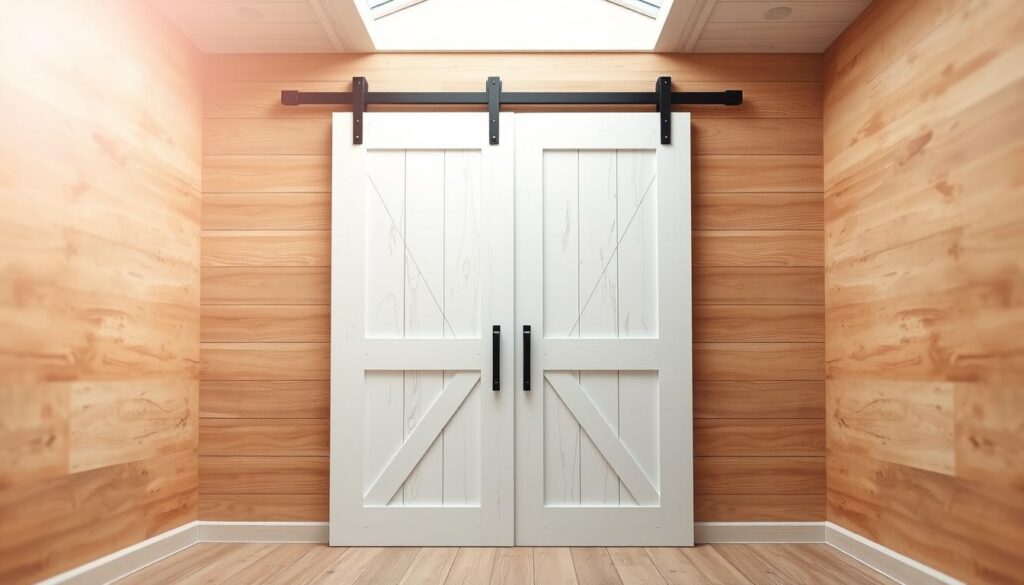 A serene white wooden sliding barn door stands majestically against a natural wood-planked background, its clean lines and minimal hardware evoking a timeless farmhouse aesthetic. Soft, diffused lighting from an overhead skylight casts a warm, inviting glow, highlighting the door's textured grain and subtle distressed details. The door is positioned at a slight angle, creating a sense of depth and dimension within the frame. In the foreground, a subtle vignette effect adds depth and draws the viewer's eye to the focal point. This harmonious blend of rustic charm and modern simplicity exemplifies the beauty and versatility of the white wooden sliding barn door design.