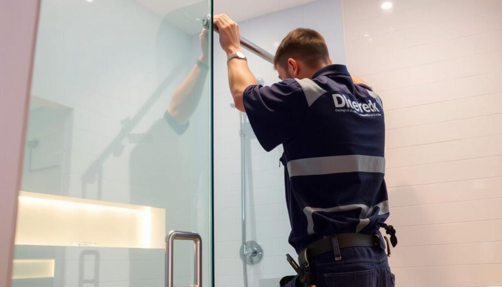 A service technician carefully installing a glass shower enclosure in a modern bathroom, with clean white tiles and warm lighting. The installation process is meticulously documented, showcasing the attention to detail and professionalism of the team. The glass panels are seamlessly integrated, creating a sleek, frameless design that enhances the spacious feel of the room. The technician uses specialized tools and follows a step-by-step procedure to ensure a perfect fit and finish. The final result is a stunning, custom-made glass shower that blends seamlessly with the overall bathroom aesthetic.