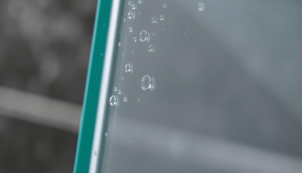 A shower door seal, or "duschtür dichtung" in German, glistening with water droplets. The seal is made of high-quality, durable rubber, perfectly molded to fit the edges of the glass shower door. It forms a tight, waterproof barrier, keeping moisture contained within the shower enclosure. The seal is shown in close-up, with soft, diffused lighting highlighting its smooth, pliable texture and precise, custom-fit design. The background is blurred, emphasizing the seal's importance as the focal point. The overall mood is one of functional elegance, conveying the product's ability to seamlessly integrate into a modern bathroom environment.
