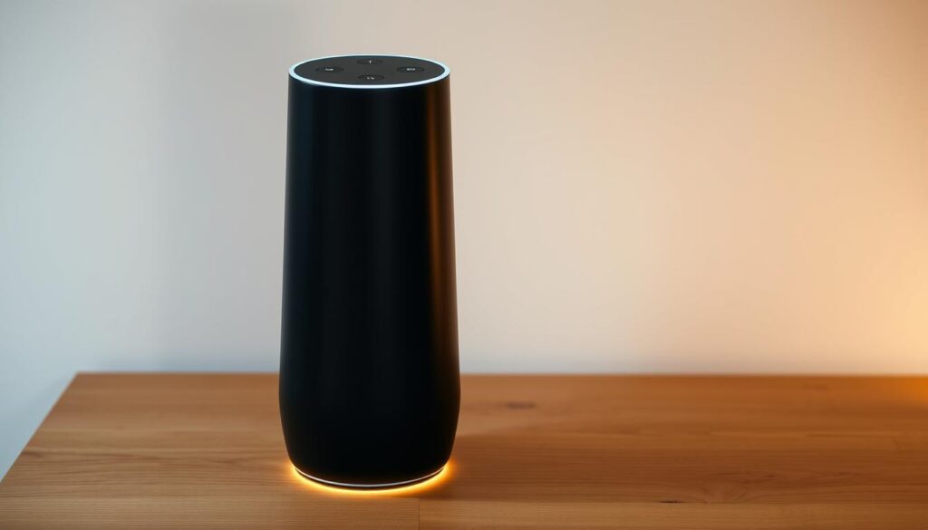 A sleek and modern Alexa-style smart speaker, version 2.0, standing prominently on a minimalist wooden surface. Soft, diffused lighting illuminates the device's smooth, curved body and glossy black finish. The speaker's top features an array of touch-sensitive controls, seamlessly integrated into the design. Subtle ambient glow emanates from the speaker's base, creating a warm and inviting atmosphere. The overall aesthetic blends functionality and sophistication, reflecting the advanced capabilities of this updated smart home assistant.