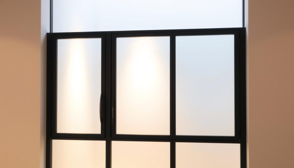 A sleek and modern glass privacy screen, backlit by soft, diffused lighting, standing in a contemporary interior. The tempered glass panels are framed in matte black metal, creating a minimalist and elegant aesthetic. The screen partially divides the space, allowing for an airy and open feel while providing a visual barrier. The lighting casts a warm, inviting glow, highlighting the transparency and translucency of the glass. The overall composition conveys a sense of sophistication, functionality, and attention to detail that would complement the "Glastür Lösungen von Glastuerhop24 - Qualität und Design" article and the "Auswahlhilfe: Sichtschutz, Material, Beschläge und Stilrichtungen" section.