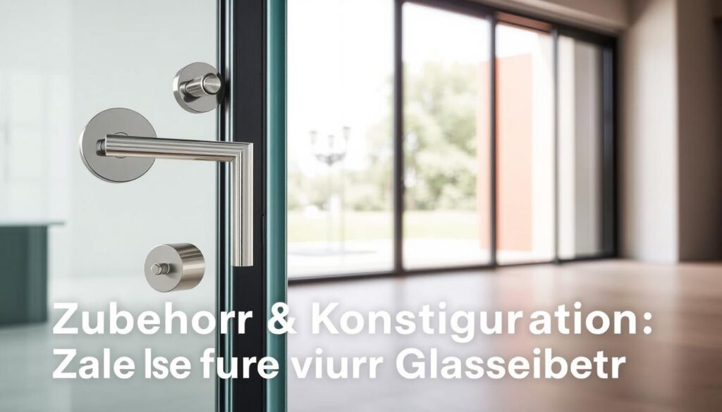 A sleek and modern glass sliding door with various accessories meticulously displayed in the foreground. The accessories include elegant chrome handles, minimalist door stoppers, and precision-engineered rollers. The middle ground showcases the seamless integration of the sliding mechanism, highlighting the effortless operation. In the background, a bright, airy studio setting with natural lighting filters through the glass panels, creating a warm and inviting atmosphere. The image conveys the versatility, quality, and attention to detail of the glass sliding door system, perfectly complementing the section title "Zubehör & Konfiguration: Alles für Ihre Glasschiebetür".