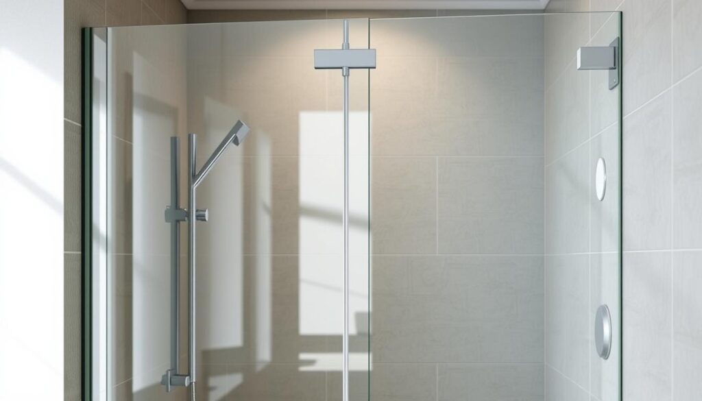 A sleek, contemporary glass shower enclosure, its transparent panels reflecting the elegant bathroom's design. Soft, natural lighting filters through the glass, casting a warm, inviting glow. The shower's frameless structure seamlessly blends with the surrounding tiles, creating a cohesive, minimalist aesthetic. Crisp, clean lines and a polished, water-resistant surface exude a sense of refinement and functionality. The glass panels create an illusion of spaciousness, while the discreet hardware allows the material to take center stage. This duschwand exemplifies the harmonious fusion of form and function, elevating the modern bathroom experience.