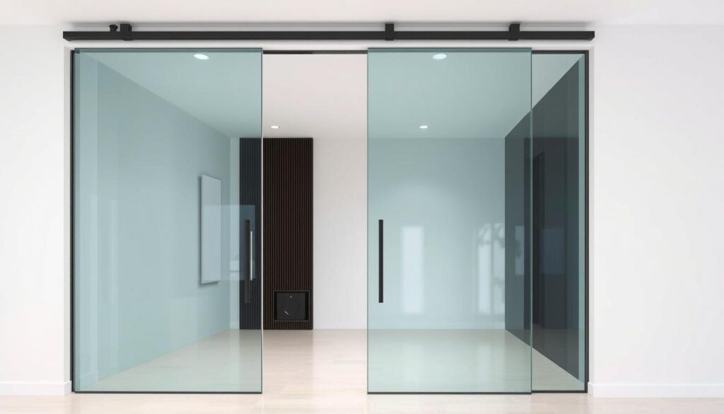 A sleek, contemporary glass sliding door system, showcasing a high-quality, minimalist design. The frameless, tempered glass panels glide effortlessly along a modern, matte black track system, creating a seamless, open flow between interior spaces. Soft, diffused lighting from above illuminates the crystal-clear glass, enhancing the premium, luxurious aesthetic. Smooth, precision-engineered hardware ensures a refined, whisper-quiet operation, while sturdy, durable construction promises long-lasting performance. This comprehensive, easy-to-install glass sliding door set offers a stunning, streamlined solution for elevating any modern living or workspace.