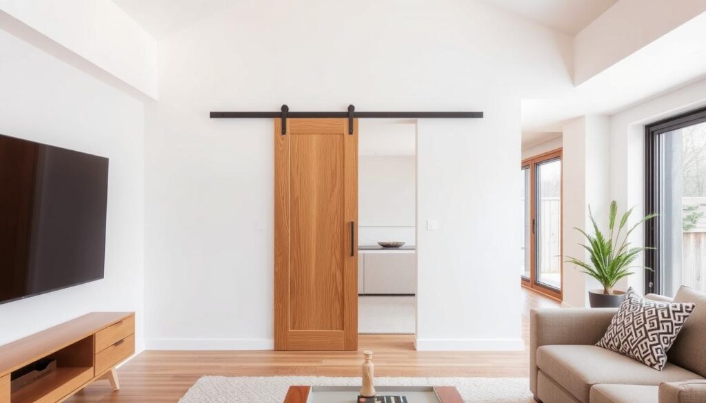 A sleek, custom-built wooden sliding door in a modern, minimalist living space. The door is crafted from warm, richly-grained oak, its natural beauty highlighted by soft, diffused lighting from above. The door seamlessly blends into the surrounding walls, creating a harmonious, cohesive visual flow. The sliding mechanism operates smoothly, allowing for effortless transitioning between rooms. The door's simple, clean lines and subtle detailing convey a sense of elegant sophistication, perfectly complementing the room's understated, contemporary aesthetic. Capturing the perfect balance of form and function, this bespoke wooden sliding door is the epitome of timeless, high-quality design.