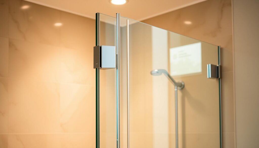 A sleek, custom-fitted glass shower door elegantly pivots on its hinges, its clean lines and seamless design creating a modern, spa-like ambiance. The door's surface reflects the warm, indirect lighting, casting a soft, radiant glow throughout the spacious, tiled bathroom. The door's hinges and hardware are crafted from polished chrome, complementing the cool, minimalist aesthetic. The entire assembly is perfectly tailored to the shower enclosure, seamlessly integrating form and function for a luxurious, high-end look and feel.