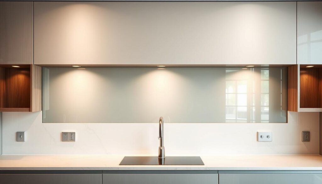A sleek, custom-made glass backsplash dominates the scene, its seamless surface reflecting the warm kitchen lights. The glass panel, expertly tailored to the precise dimensions of the alcove, stretches from countertop to ceiling, creating a stunning focal point. Subtle yet striking, the backsplash's crystalline clarity enhances the modern, minimalist aesthetic of the kitchen, drawing the eye and effortlessly blending form and function. Captured in a crisp, high-resolution photograph, the image showcases the bespoke craftsmanship and attention to detail that elevates this glass backsplash solution, perfectly tailored to the homeowner's needs.